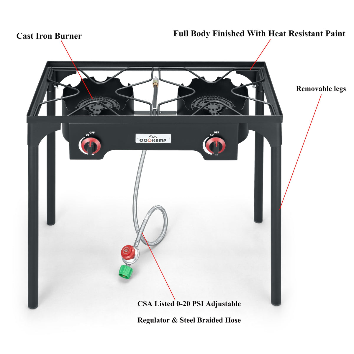 COOKAMP portable outdoor stove with detachable legs for easy transport.