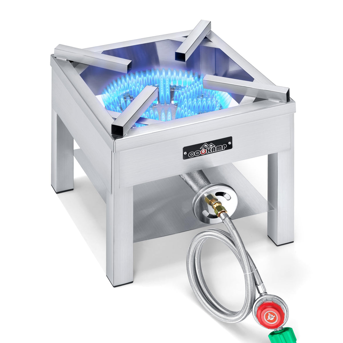 COOKAMP SS1750 stainless steel burner assembly shows durable outdoor construction