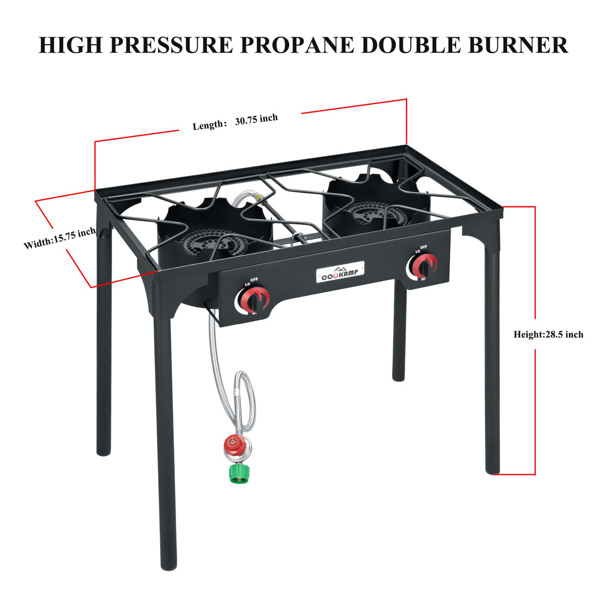 COOKAMP two-burner regulator and steel braided hose ensure adjustable PSI for outdoor cooking.