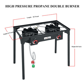 COOKAMP two-burner regulator and steel braided hose ensure adjustable PSI for outdoor cooking.