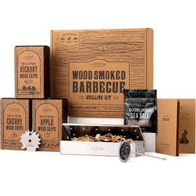 Cooking Gift Set smoker box on grill for wood-fired flavor.