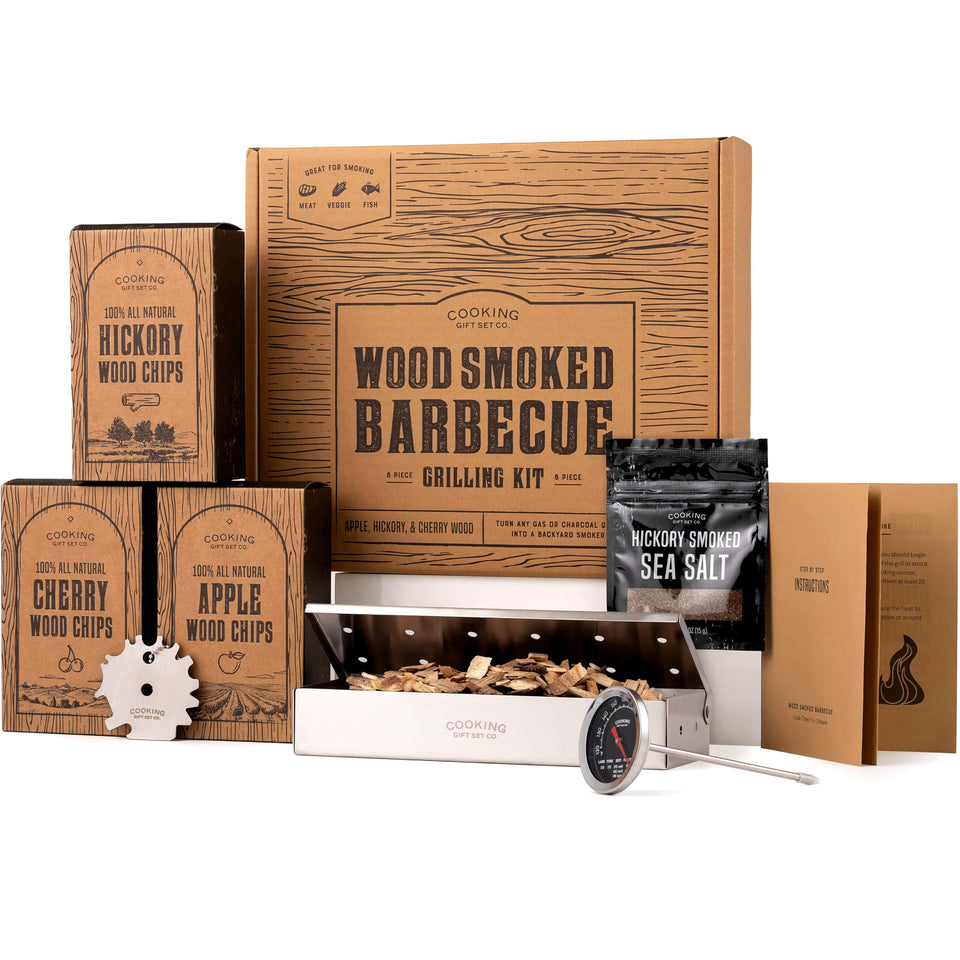 Cooking Gift Set smoker box on grill for wood-fired flavor.