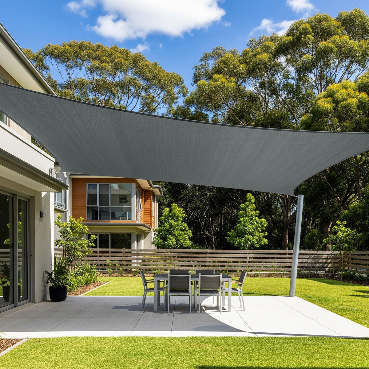 Cool Area sun shade sail 12x16 rectangle over patio provides stylish outdoor shade.