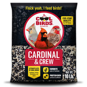 Cool Birds Cardinal & Crew 10 lb seed bag attracts cardinals and grosbeaks to outdoor feeders.