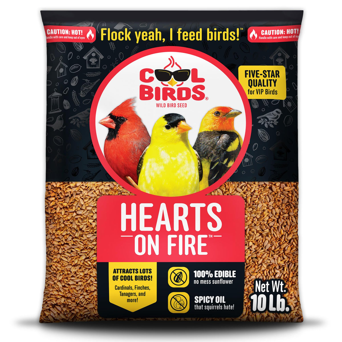 Cool Birds Hearts on Fire bag ready for outdoor feeding attracts a variety of backyard birds.