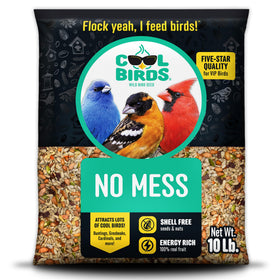 COOL BIRDS No Mess Fruit Seed 10lb bag: shell-free mix for tidier outdoor feeding.