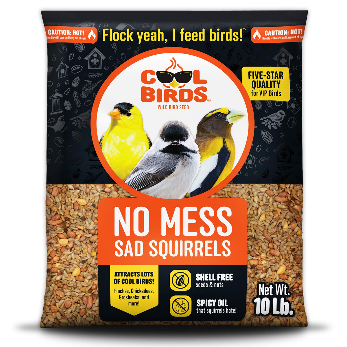 Cool Birds No Mess Sad Squirrels bag front showing clean, shell-free feeding.