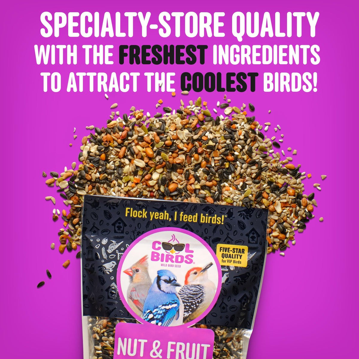 COOL BIRDS Nut & Fruit seed close-up of ingredients including sunflower hearts.