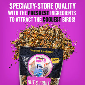 COOL BIRDS Nut & Fruit seed close-up of ingredients including sunflower hearts.
