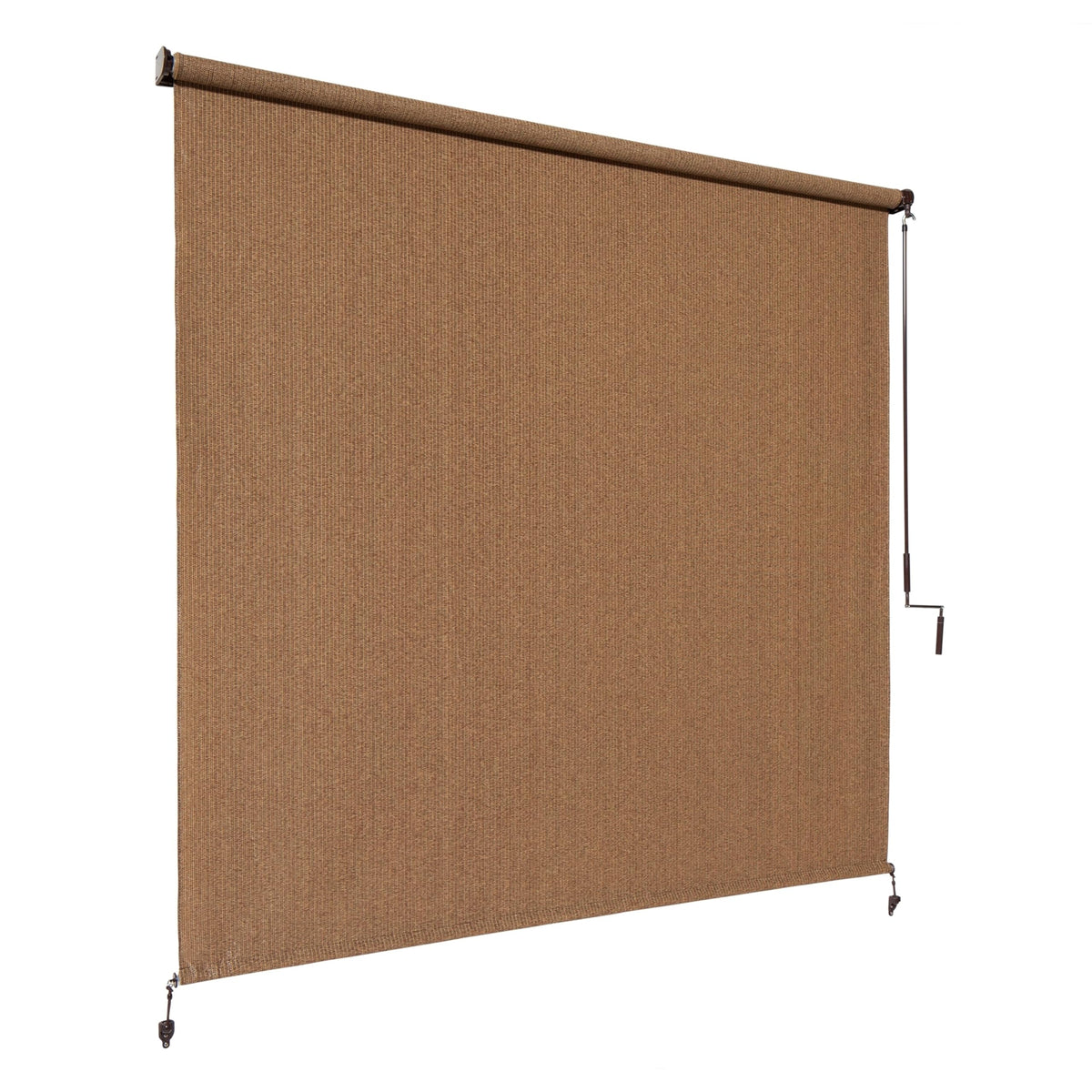 Coolaroo shade wand-roller 8x8 walnut rolled for patio shade and UV protection.