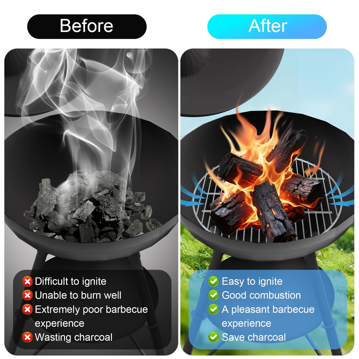 Coolbird grate demonstrating airflow beneath charcoal for steady, controlled grilling.