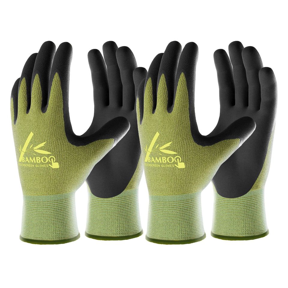 COOLJOB garden gloves with bamboo-knit back offering breathable comfort for extended planting tasks.