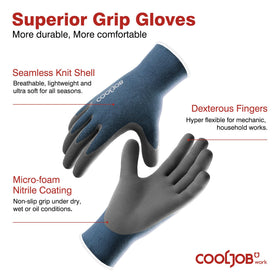 Close-up of COOLJOB nitrile coating texture showing grip benefits.