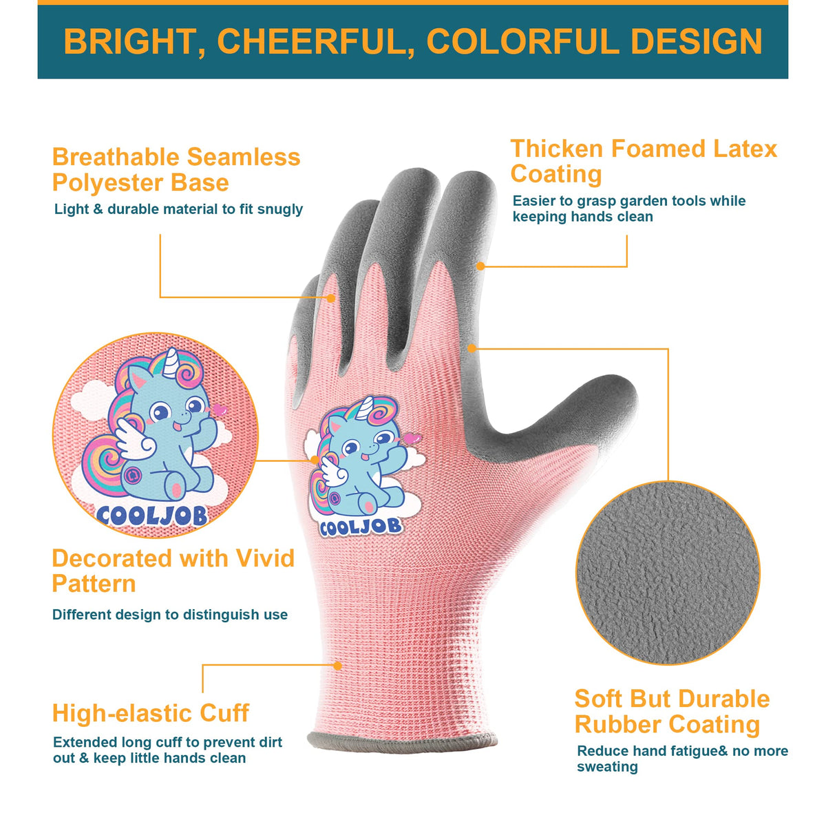 COOLJOB kids gardening gloves pink pattern offer flexible wear for outdoor play