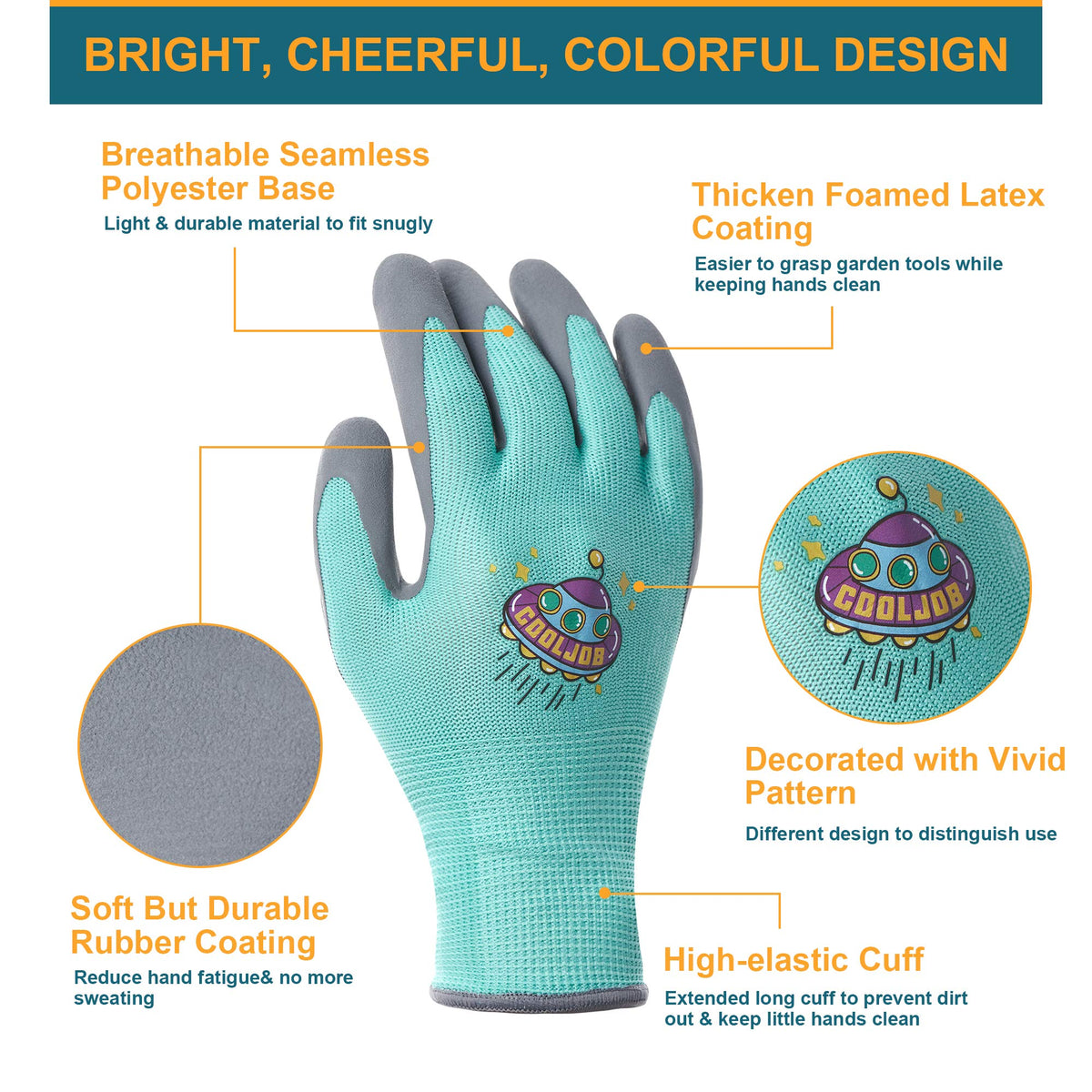 COOLJOB kids gardening gloves yellow pattern enhances visibility after play