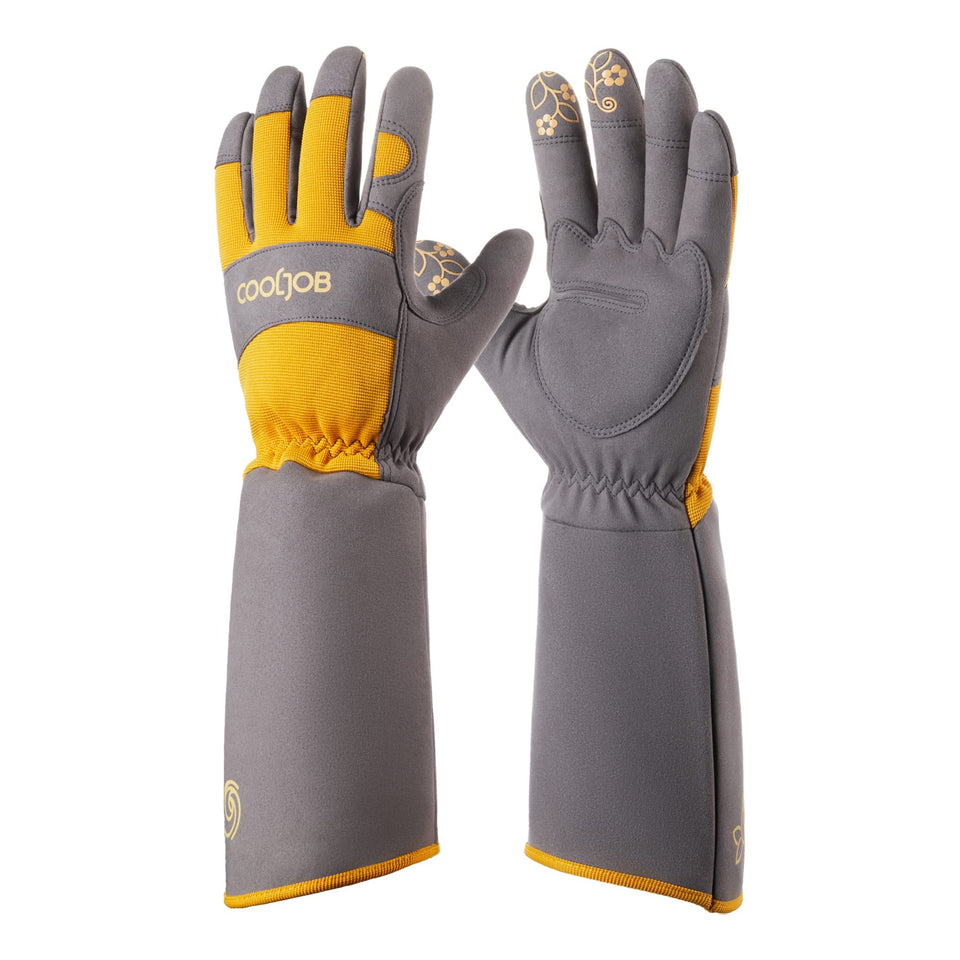 COOLJOB thorn-proof rose pruning gloves with extended cuff protect hands during pruning tasks.