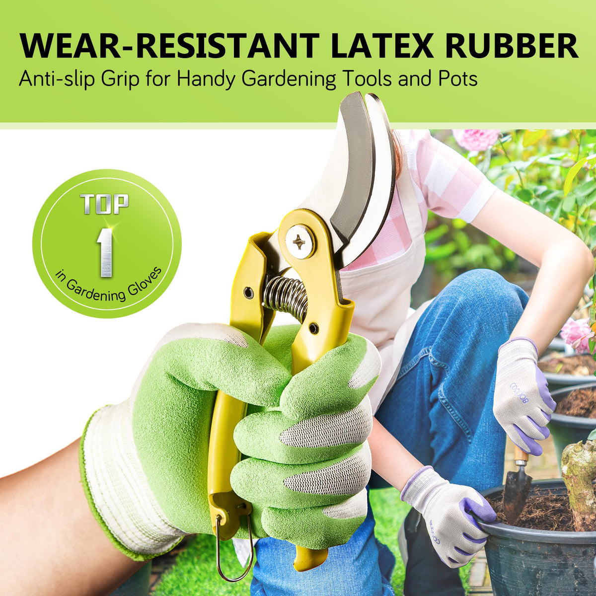 COOLJOB gloves on a woman weeding, offering comfortable fit and control.