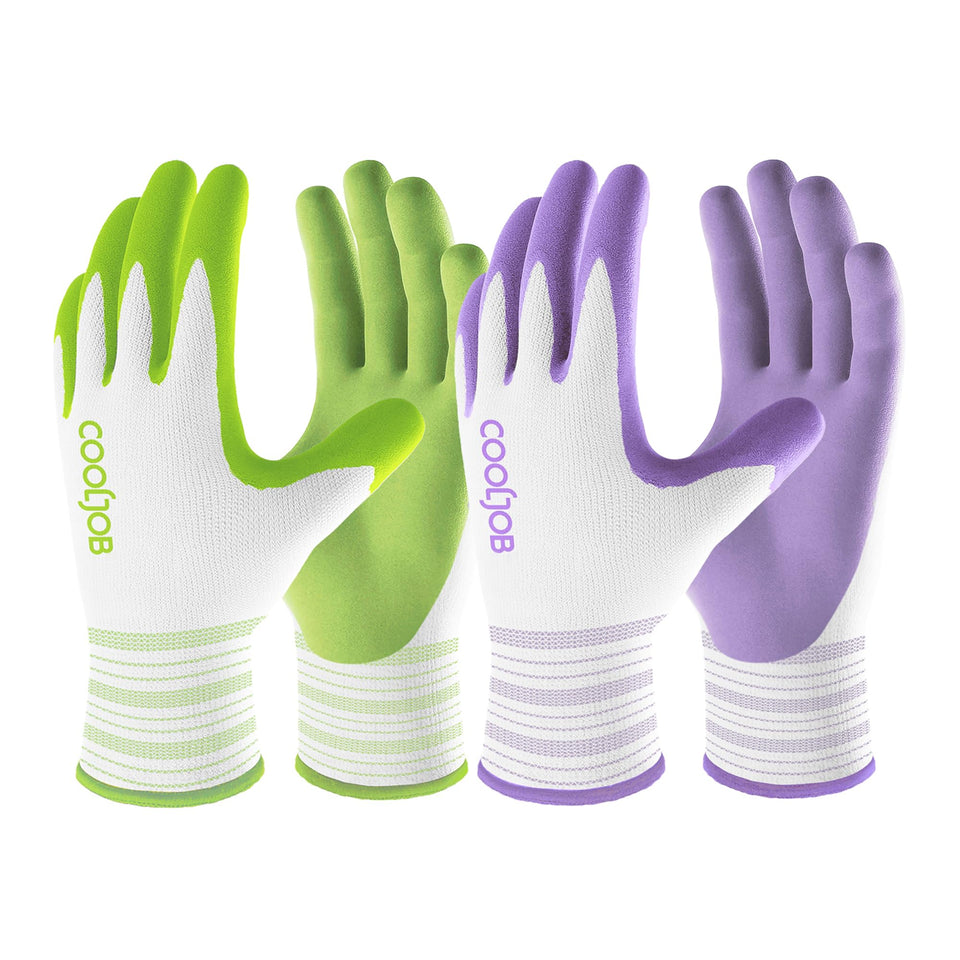 COOLJOB 2-pack women's garden gloves in lavender purple and apple green for outdoor tasks.