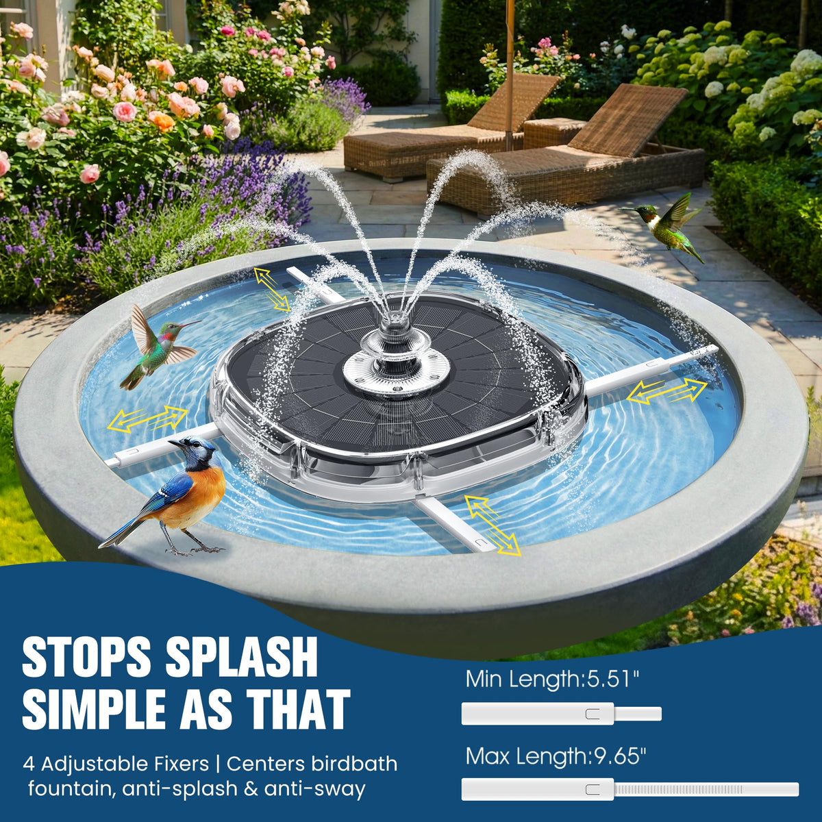 CoolPump bottom LED lights create a multi-color fountain glow at night.