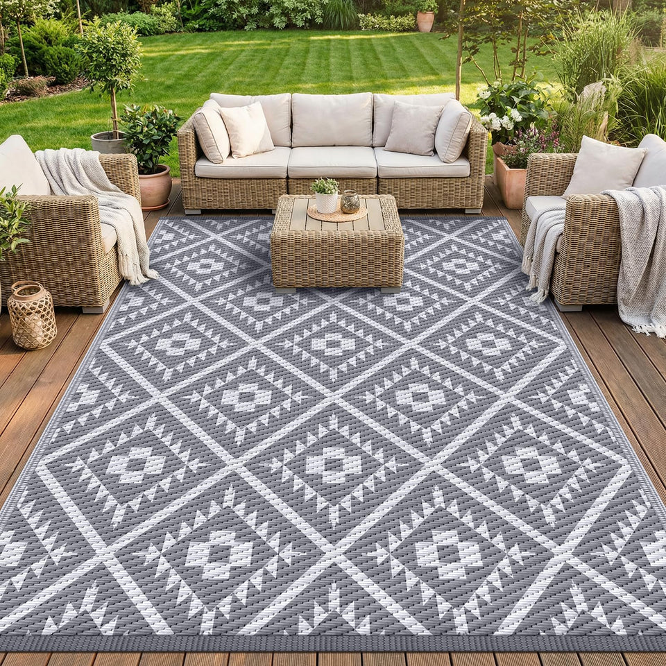 CoolTop outdoor rug 8x10 geometric reversible on patio for quick style refresh