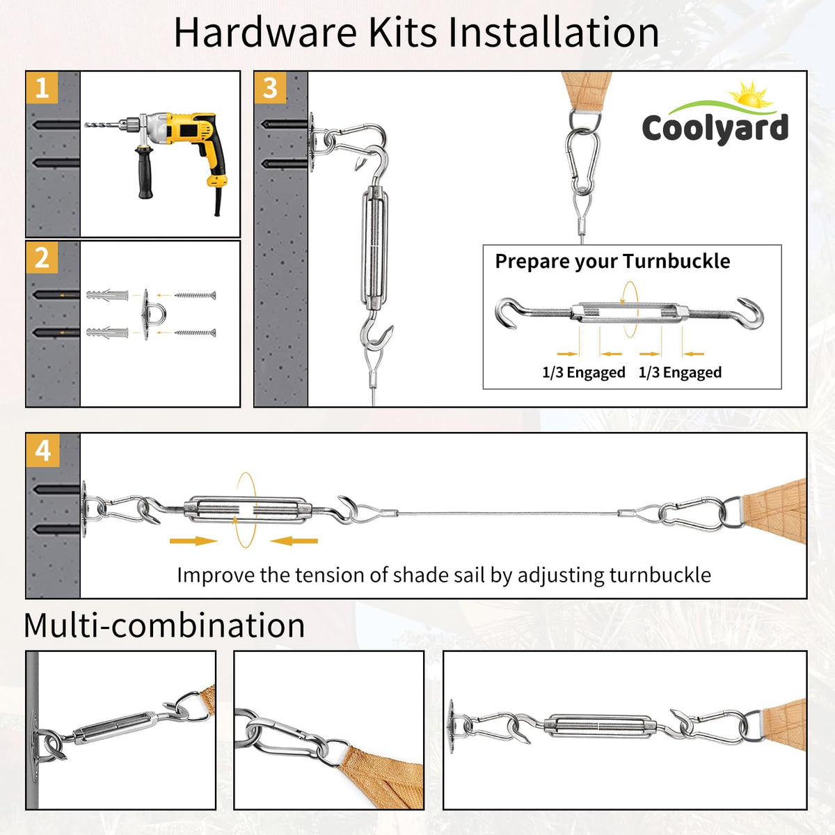 COOLYARD adjustable turnbuckle hook helps create tension for stable shade.