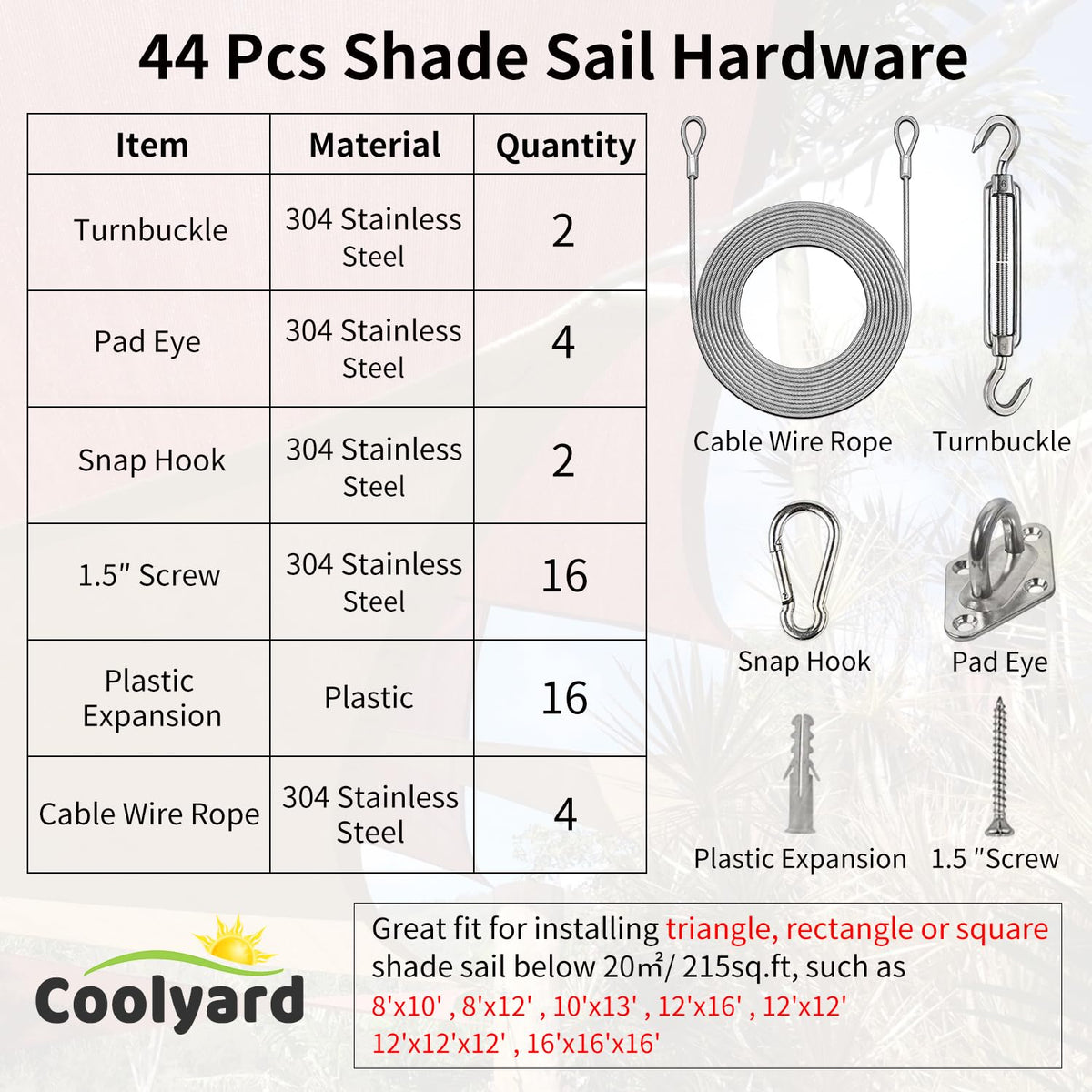 COOLYARD vinyl-coated 12ft wire rope provides flexible, durable support for sails.
