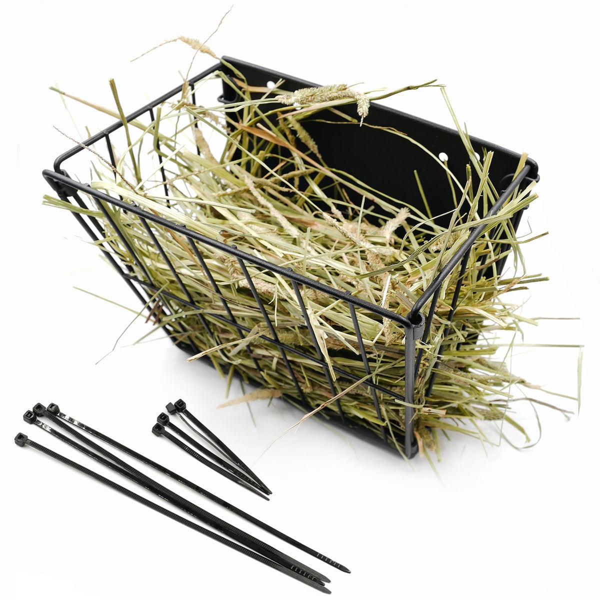 Cooncicy black metal rabbit hay feeder assembly keeps hay tidy and accessible.