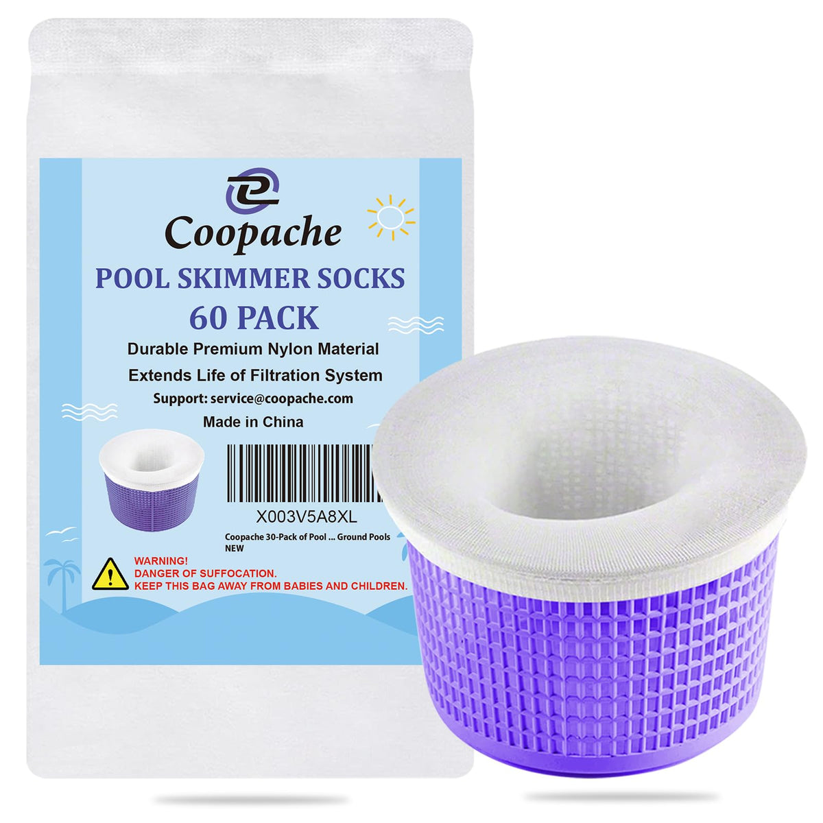 Coopache pool skimmer socks on a basket filter catching debris for cleaner water.
