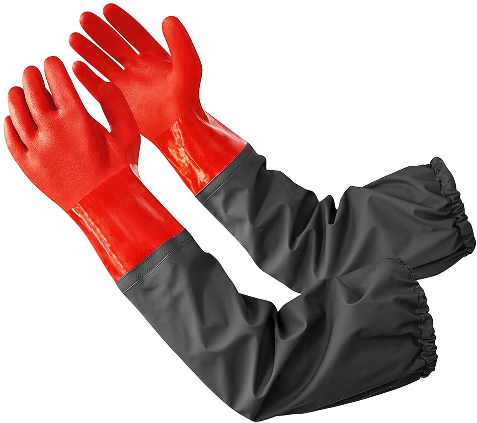 Coopache full-arm pond gloves 25inch in red and black protect arms during pond cleaning