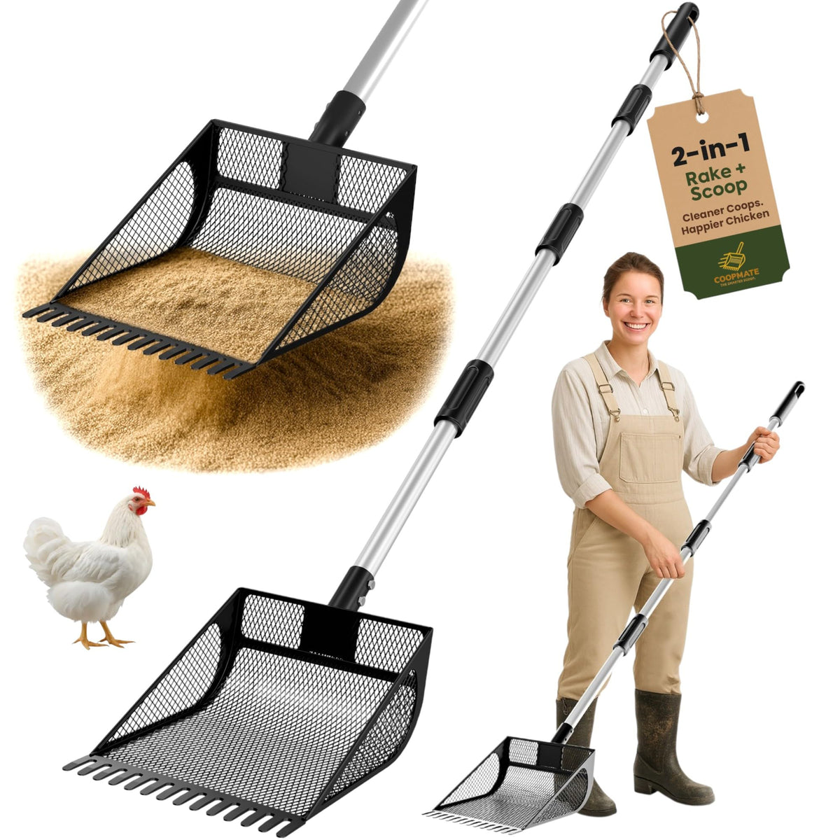 CoopMate angled basket flush ground for fast poop collection