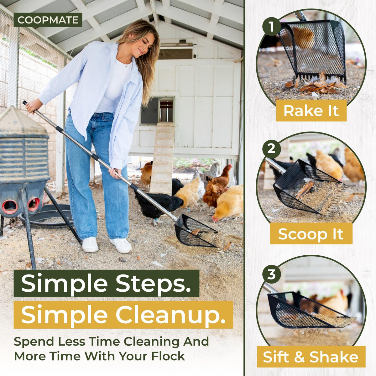 CoopMate 2-in-1 scooper and rake for faster coop cleaning