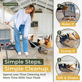 CoopMate 2-in-1 scooper and rake for faster coop cleaning