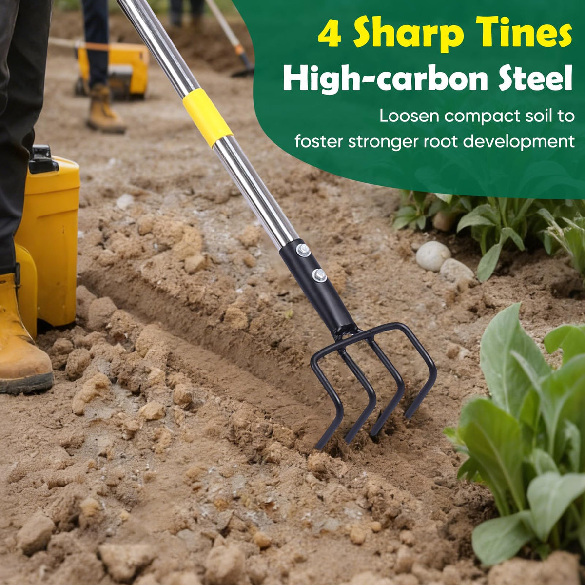 Coopvivi Garden Hand Tiller with adjustable long handle eases cultivation.