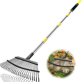 Coopvivi rake with wide 25-tine head for efficient leaf gathering