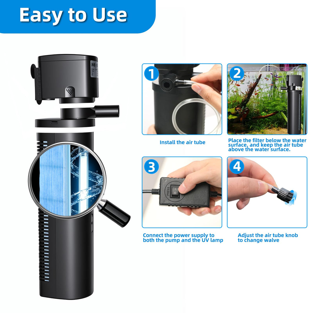 COOSPIDER compact design fits 75-1000 gallon setups with simple placement.