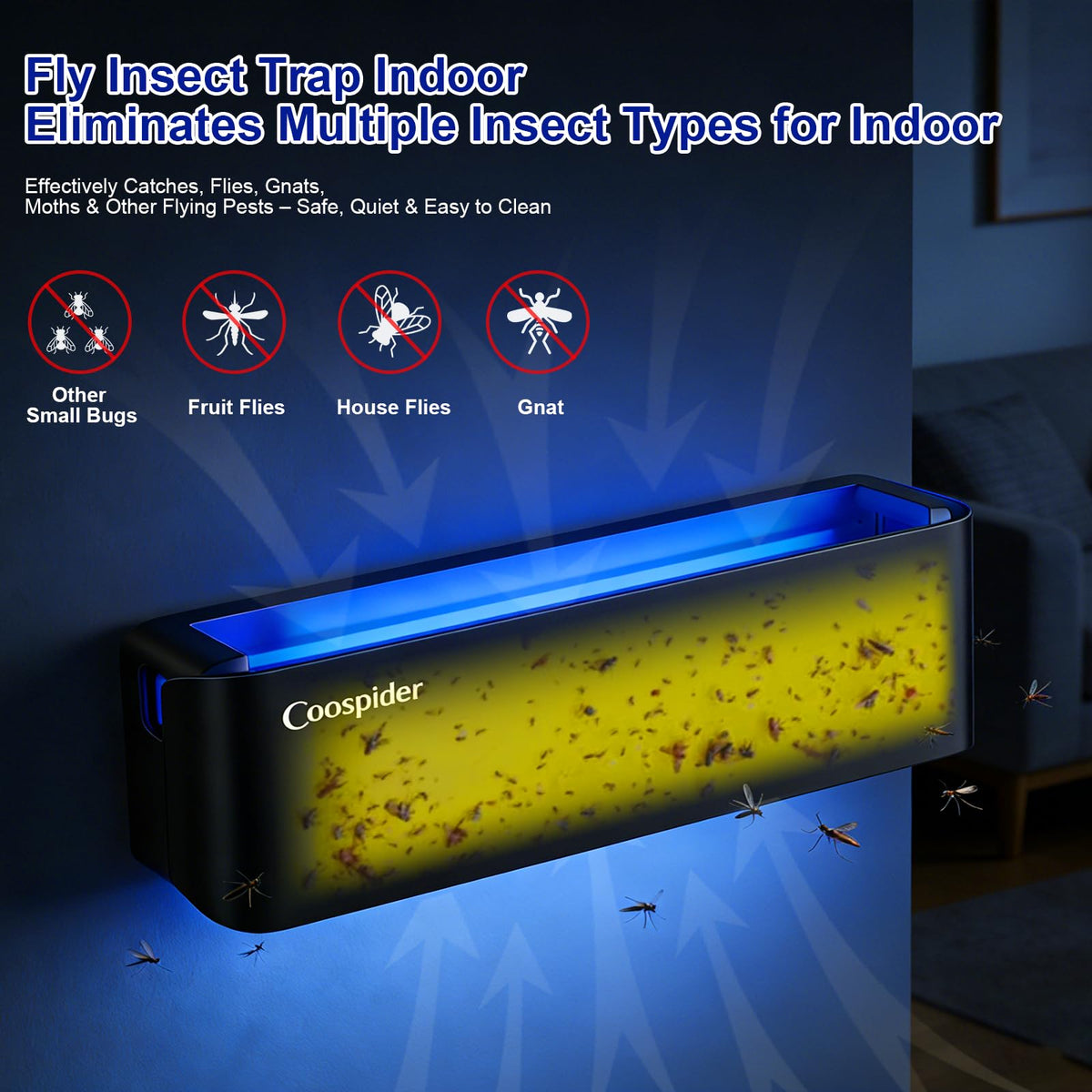 coospider-repta uv fly trap on desk quietly catches fruit flies.