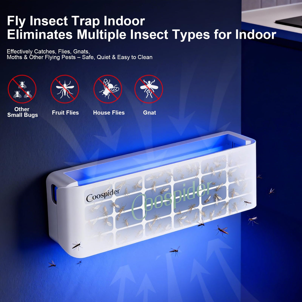 Coospider-REPTA UV light attractant draws fruit flies for silent capture.