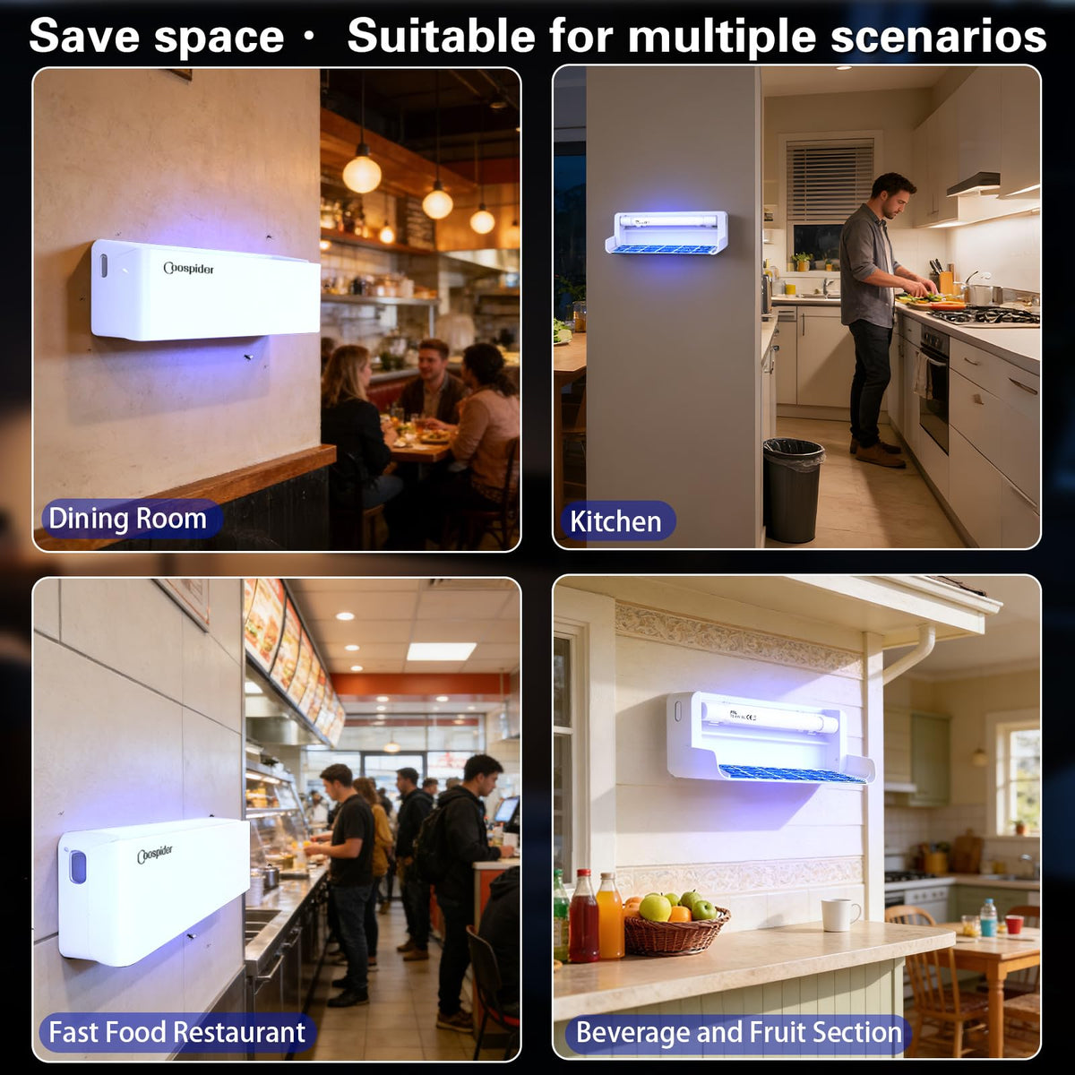 COOSPIDER UV Fly Catcher wall-mount option integrates with interiors.