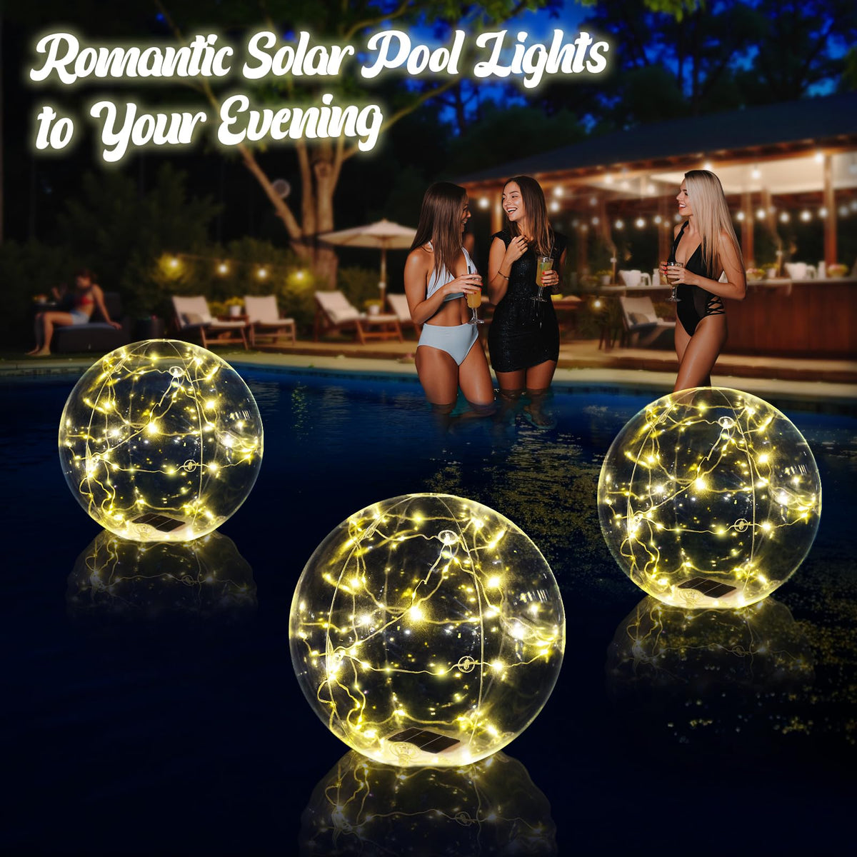 Cootway warm white solar pool light shines at night for romantic poolside ambiance.