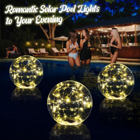Cootway warm white solar pool light shines at night for romantic poolside ambiance.