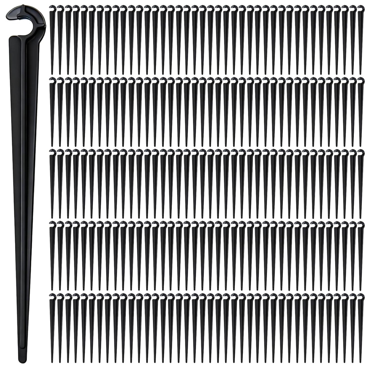 Copadri 200-pack stakes secure 1/4-inch tubing in soil for irrigation.