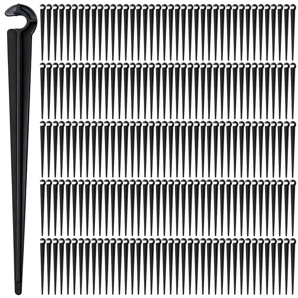 Copadri 200-pack stakes secure 1/4-inch tubing in soil for irrigation.