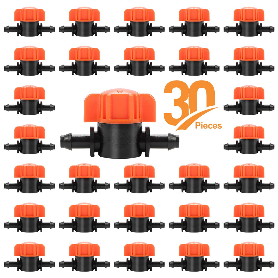 Close-up of Copadri 30-pack shut-off valves with barbed fittings for precise irrigation.