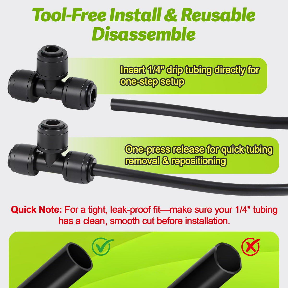 One-touch removal feature on Copadri tee allows easy tubing repositioning.