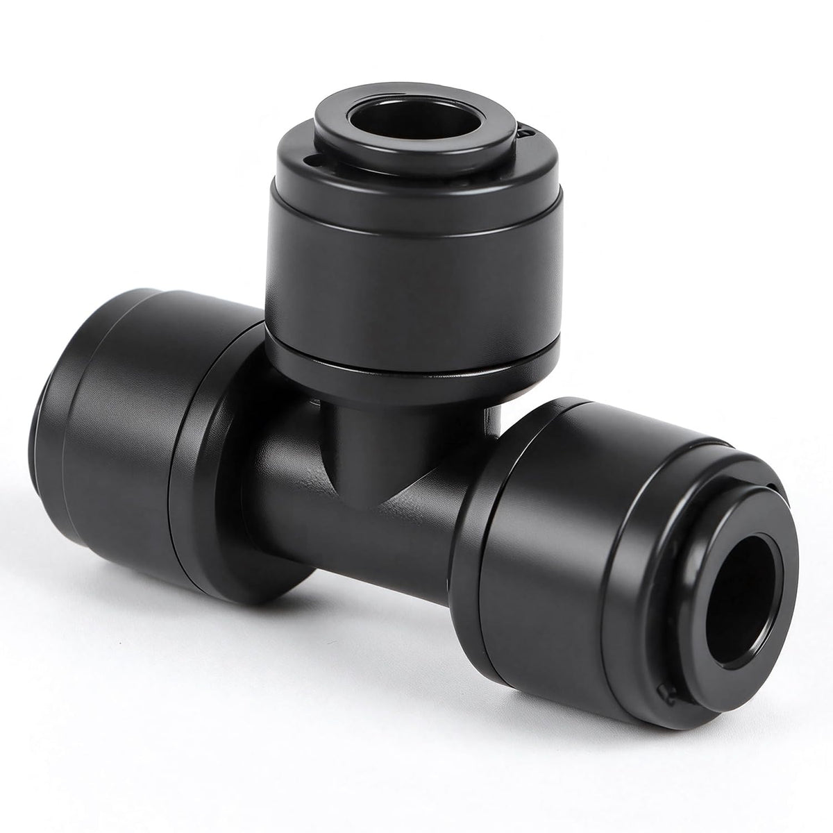 Copadri quick-connect tee close-up for push-to-fit 1/4-inch tubing, ideal for easy irrigation setup.