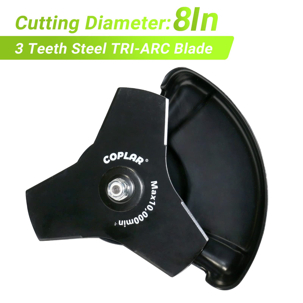 COPLAR 8inch brushcutter attachment mounted on a compatible unit for yard clearing.