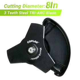 COPLAR 8inch brushcutter attachment mounted on a compatible unit for yard clearing.