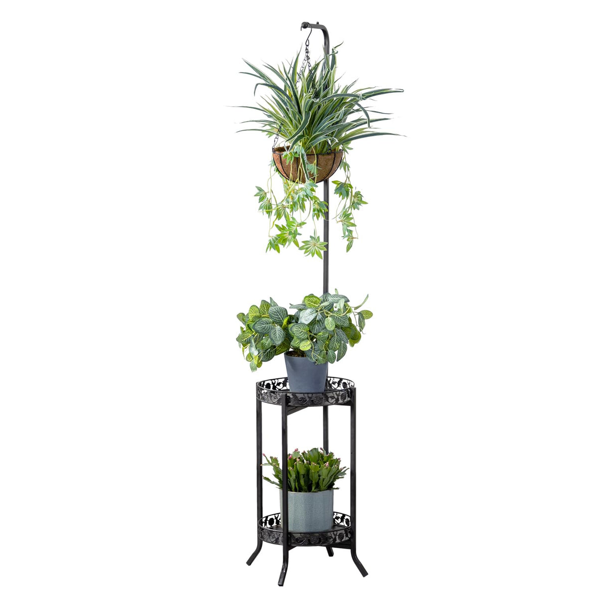 COPREE 2-tier hanging plant stand with top discs, space-saving design for small spaces.