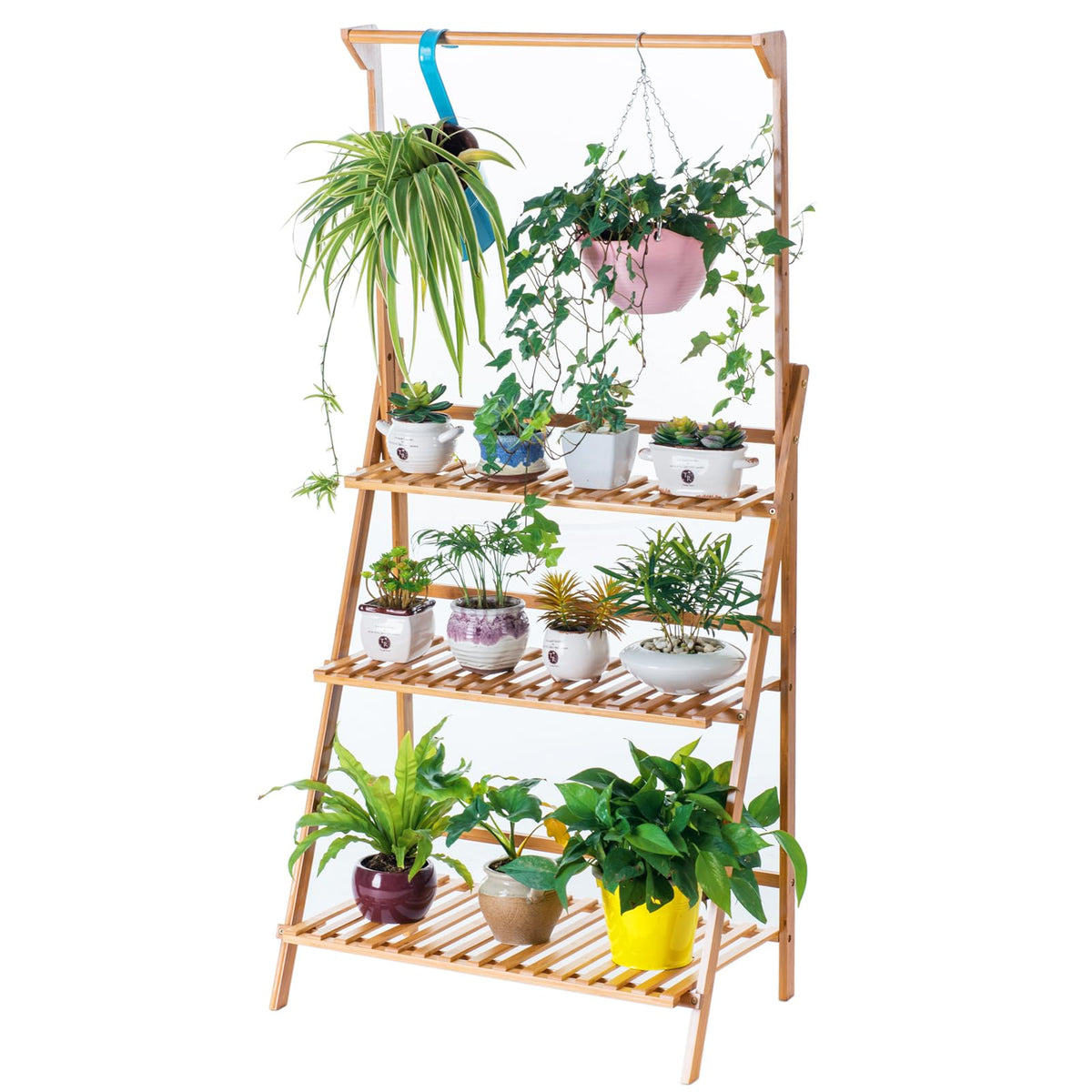 COPREE Bamboo 3-Tier Hanging Plant Stand displayed on patio