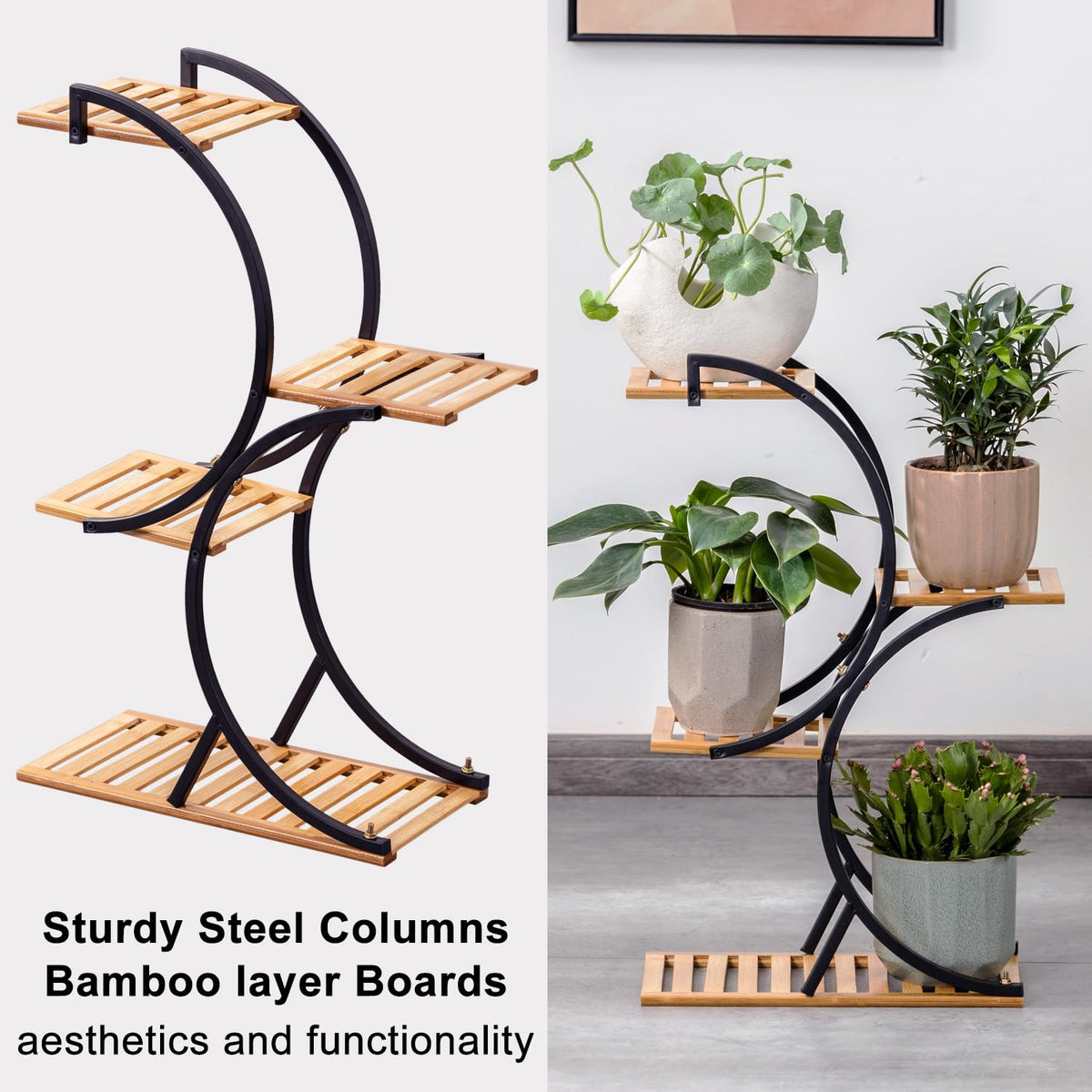 COPREE Bamboo 4-Tier Plant Stand shown for indoor and outdoor use